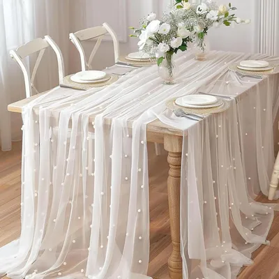 Obrázek produktu pro Běžec na stůl z tylu s perličkami, bílý, rozměry 80 x 300 cm