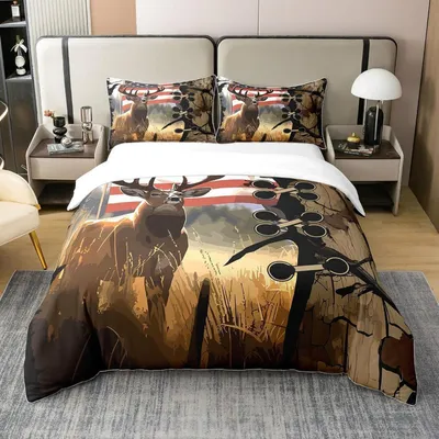 Obrázek produktu pro Sada povlečení 200x200 cm, motiv americká vlajka a jelen, 100% bavlna, vícebarevná. Obsahuje 2 povlaky na polštáře 80x80 cm