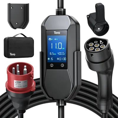 Immagine prodotto di Caricatore portatile per veicoli elettrici, 11 kW, con connettore CEE 16A e presa di tipo 2, grado di protezione IP66, trifase, dotato di display digitale