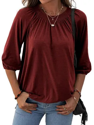 Produktbild von Damen-T-Shirt-Bluse mit Rundhalsausschnitt,einfarbig,aus Baumwolle,halblang,3/4-Ärmel,lässig,locker,plissiert,Basic-Top