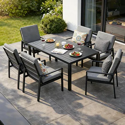 Produktbild von MeXo Gartenlounge-Set Gartenmöbel Set Aluminium 6 Personen, wetterfeste Garten-Essgruppe mit dicke Kissen & Esstisch 140x80x70 cm, Outdoor Indoor