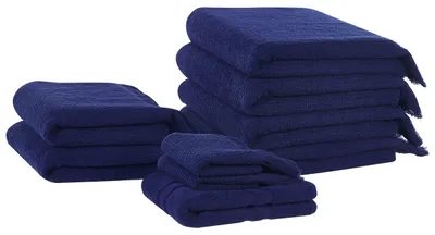Produktbild von BELIANI Handtuch-Set mit Badematte Blau Baumwolle und Polyester 9-teilig mit Fransen Modern Saugfähig Schnelltrocknend Ringgesponnen für Badezimmer