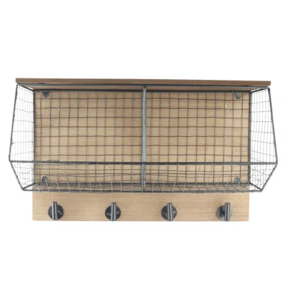 Produktbild von "MISOU Garderobenleiste Wandgarderobe mit Hutablage 4 Haken Hängend mit Aufbewahrungskörben Schwarz Industriemetall Holz"