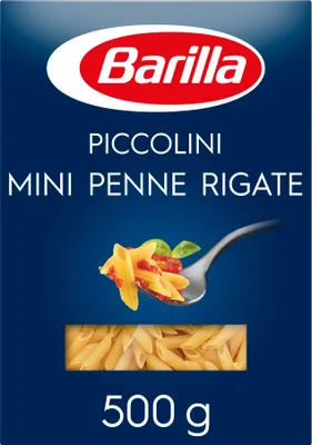 Produktbild von Barilla Pasta Piccolini Mini Penne Rigate aus hochwertigem Hartweizen mit einer Kochzeit von nur 6 Minuten, 8 x 500g