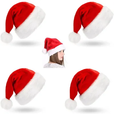 Productafbeelding van 4 Stuks Fluwelen Kerstmutsen - Rode Kerstmuts voor Volwassenen en Kinderen