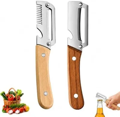 Produktbild von Multifunktionaler Gemüseschäler aus Edelstahl mit Holzgriff, 3-in-1 Profi Küchenschäler mit Julienne Reibe & Flaschenöffner, Ergonomisches Küchenwerkzeug für Obst & Gemüse(2er Set )