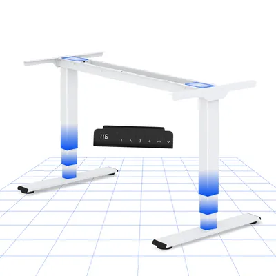 A white electric standing desk frame with a black control panel is shown on a grid background.