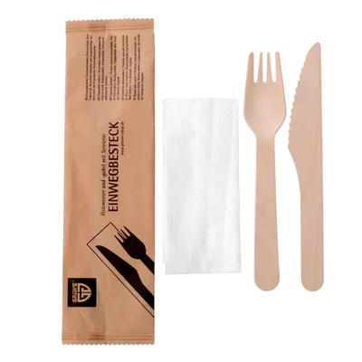 Produktbild von Holzmesser und Gabel mit Serviette 25-tlg. Set