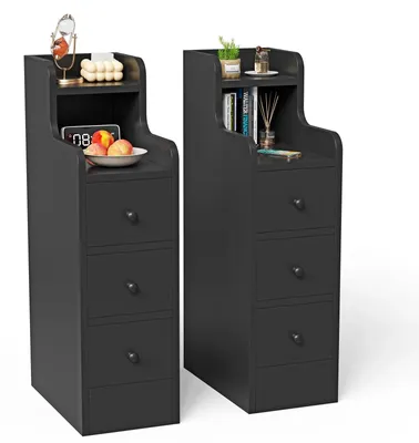 Immagine prodotto di Set di 2 comodini - Comodini stretti - 3 cassetti e ripiano aperto - Legno - Ideali per piccoli spazi - Colore: nero