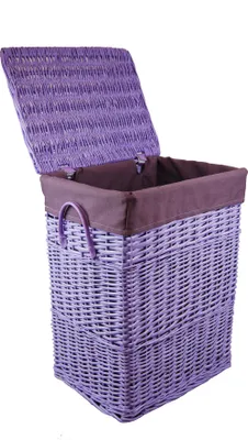 A purple wicker laundry basket with a brown fabric liner and a lid.