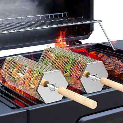 Productafbeelding van Roestvrijstalen grillmand, model 304, met houten handgreep, voor rollende gasgrills, 2 stuks, zeshoekig