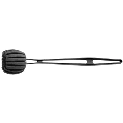 A black and gray bottle brush with a foam head and a long handle, isolated on a white background.