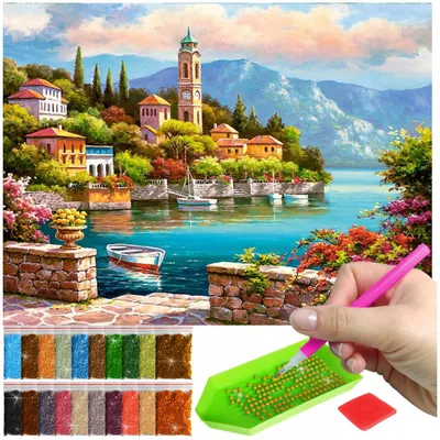 Produktbild von ARTULIO Diamond Painting Set - Berglandschaft mit farbenfroher Kleinstadt - 30 x 40 cm - Diamant Painting, Home Wand Deko