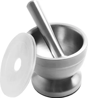 Produktbild von Mörser mit Stößel, aus Edelstahl, mit Deckel, Gewürze, Kräuter, Rutschfester Handmörser