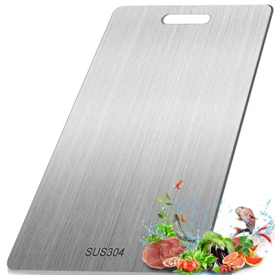 Image de Planche à découper en acier inoxydable au titane, planche à découper en acier inoxydable 304, 34 x 23 cm, planche à découper antibactérienne à double face pour la viande, le poisson et les légumes.