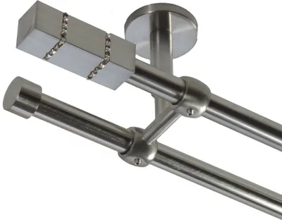 Produktbild von Gardinenstange Set Edelstahl Look Metall Ø 16mm Deckenbefestigung 2-lauf mit Kristall, Länge wählbar D21 E27 E16