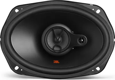 A studio shot of a black oval car speaker.