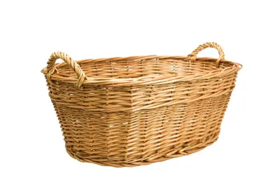 A woven basket with handles on a white background.