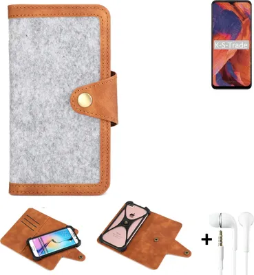 Produktbild von K-S-Trade Handyhülle + Kopfhörer kompatibel mit Nokia 3.4 Schutzhülle Filz Hülle Kunstleder hellgrau braun (1x)