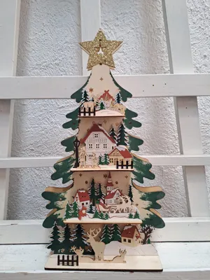 Holz-Weihnachtsbaum, 4 Ebenen, beleuchtet, 45x25x8 cm