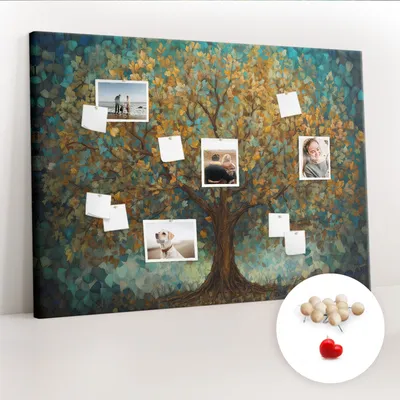 Obrázek produktu pro Korková nástěnka s kolíčky - Tabule s kolíky pro fotografie a poznámky - 140x100 cm - Připínáčky dřevěné 100 kusů - Mozaikový strom