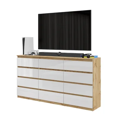 Zdjęcie produktu dla Komoda 180 Cm Dąb Wotan/Biały Połysk 12 Szuflad, Zestaw Dwóch Komód, Salon