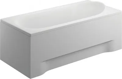 A white bathtub with a white panel is shown from a slightly elevated side angle against a white background.