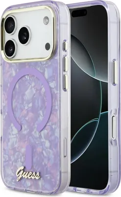 Zdjęcie produktu dla Etui Guess IML Shell Script Metal MagSafe do iPhone 17 Pro Max fioletowy