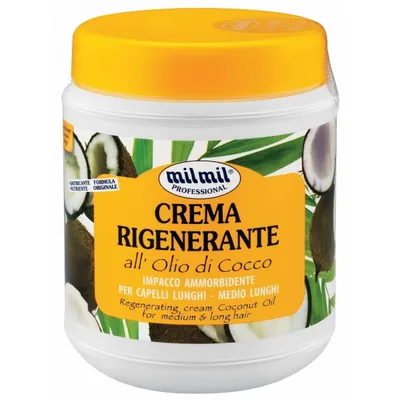 A product shot of a hair mask jar with a yellow lid, featuring coconut imagery and text.