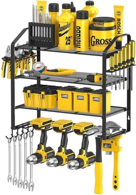 Imagen del producto de Uniqoos®: Sistema de almacenamiento para herramientas de pared, con 3 niveles, doble soporte, ganchos para destornilladores y herramientas laterales, y una red para evitar que las herramientas se caigan, ideal para herramientas manuales y eléctricas