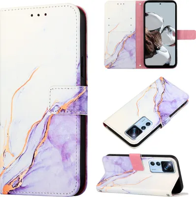 Produktbild von Xiaomi 12T Pro Hülle, Marmor Motiv Kunstleder Tasche Wallet Kartenfächer mit Standfunktion Klapp Schutzhülle für Xiaomi 12T / Xiaomi 12T Pro Weiß Lila