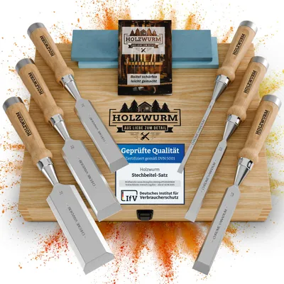 Productafbeelding van HOLZWURM Professionele set steekbeitels voor hout, set met stemijzers, inclusief slijpsteen, 6 beitels, handleiding voor het slijpen en een houten koffer