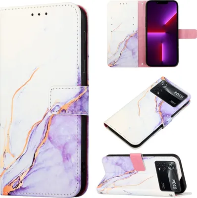 Produktbild von Xiaomi Poco X4 Pro 5G Hülle, Marmor Motiv Kunstleder Tasche Wallet Kartenfächer mit Standfunktion Klapp Schutzhülle für Xiaomi Poco X4 Pro 5G Weiß Lila