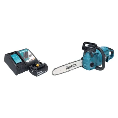 A cordless chainsaw and its charging accessories are displayed against a white background.