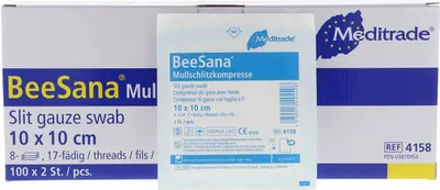 Produktbild von BeeSana Mull-Schlitzkompressen Y-Schnitt steril 8-fach 100x2 Stück - 10x10cm