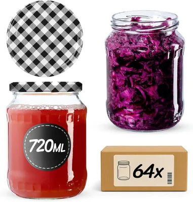 Obrázok produktu pre KADAX zaváracie poháre s viečkom "Jukka", poháre na džem, zaváracie poháre, 720 ml, čierne kockované, 64 kusov