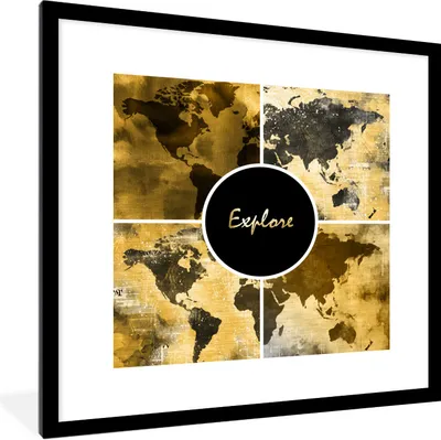 Produktbild von MuchoWow® Gerahmtes Poster Weltkarten - Collage - Gold 40x40 cm - Poster mit Schwarzem Bilderrahmen Wandposter Rahmen Foto Bilder - Poster - Plakat im Rahmen