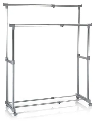 Produktbild von Garderobenwagen Rollgarderobe Kleiderständer Kleiderwagen Garderobenständer Rollkleiderständer CASA in grau, 2 Kleiderstangen, Metallgestell verchromt, höhen- und breitenverstellbar