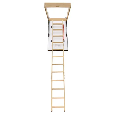 A wooden attic ladder is extended from an attic hatch.