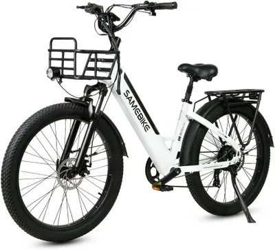 A white electric bicycle with fat tires and a front basket is shown against a white background.