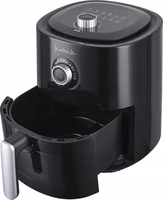 A black air fryer is shown against a white background.