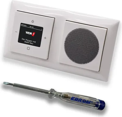 Produktbild von Busch Jäger DAB+ (DAB PLUS) Unterputz Radio 8215U-101 Balance SI alpinweiß, Komplett-Set mit Lautsprecher, Abdeckungen und Rahmen + EBROM Phasenprüfer zur Montage der Geräte - 8215 U – 101