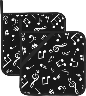 Produktbild von Schwarze Topflappen mit Musiknotenmotiv im 2er-Set, hitzebeständig und rutschfest für Küche, Kochen und Backen, 20,5 x 20,5 cm