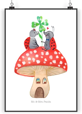 Produktbild von Mr. & Mrs. Panda Bild Marienkäfer Fliegenpilz DIN A5 - Weiß - Geschenk, Haus, Plakat, drucke, Fleigenpilzhaus, Wohnung, Lustige Sprüche, kunstdruck poster, wanddeko