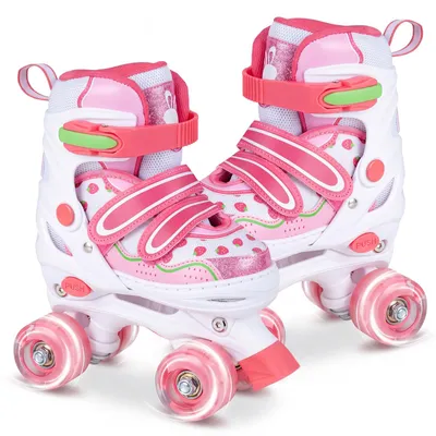 Produktbild von KOMFOTTEU Rollschuhe mit 4 verstellbarer Größen, Roller Skates mit leuchtenden LED Rädern, Quad Skates für Mädchen, Jungen & Anfänger, Rollerskates, Kinderrollschuhe für Innen- & Außenbereich, Rosa(L)