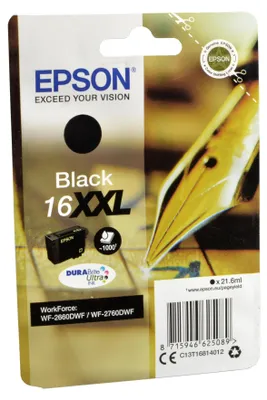 Produktbild von Epson Singlepack Black 16XXL DURABrite Ultra Ink, Hohe (XL-) Ausbeute, Schwarz, Tinte auf Pigmentbasis, 21,6 ml, 1 Stück(e), 1000 Seiten