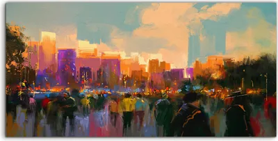 Produktbild von Coloray Glasbild 140x70  Wandbild Glasbilder Stadt Menschen bunte Himmel Gebäude