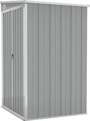 A grey metal shed with a white trim and door is shown against a white background.