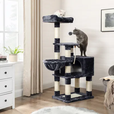 Obrázek produktu pro Škrabadlo Feandrea 138 cm, se škrabací deskou a 9 škrabacími sloupky, víceúrovňové, kouřově šedé