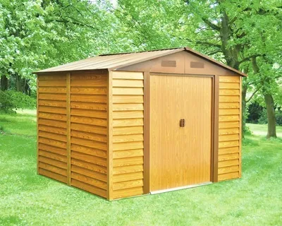 Obrázok produktu pre Plechový záhradný domček Pergart Frankfurt II 1112 309x352 cm imitácia dreva